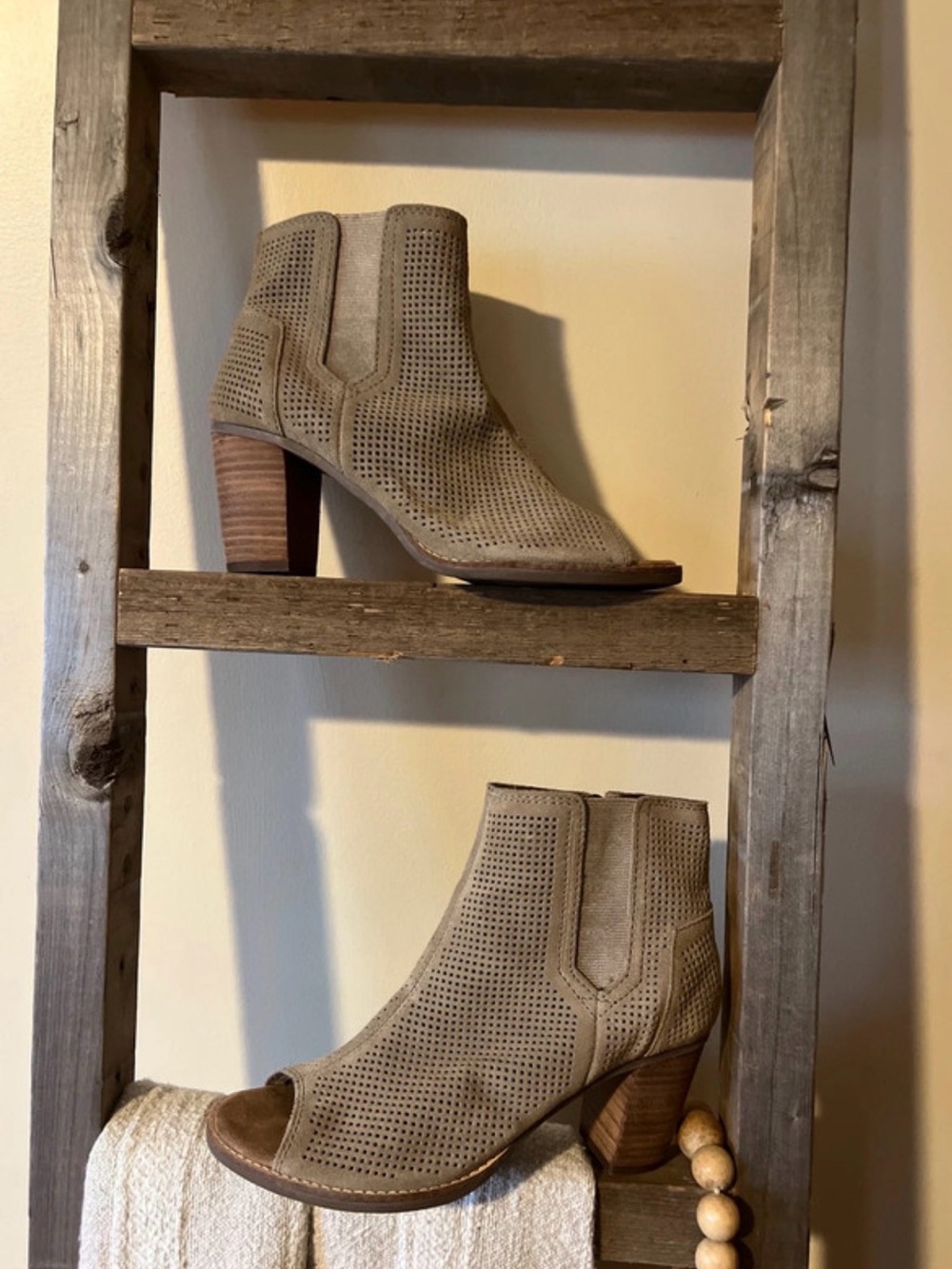 Toms Taupe Perforated Suede Peep-Toe Ankle Booties